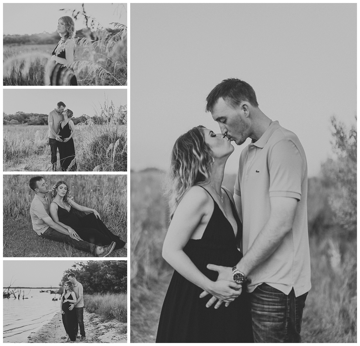 parents to be embrace on the beach during black and white Southwest Florida maternity photos