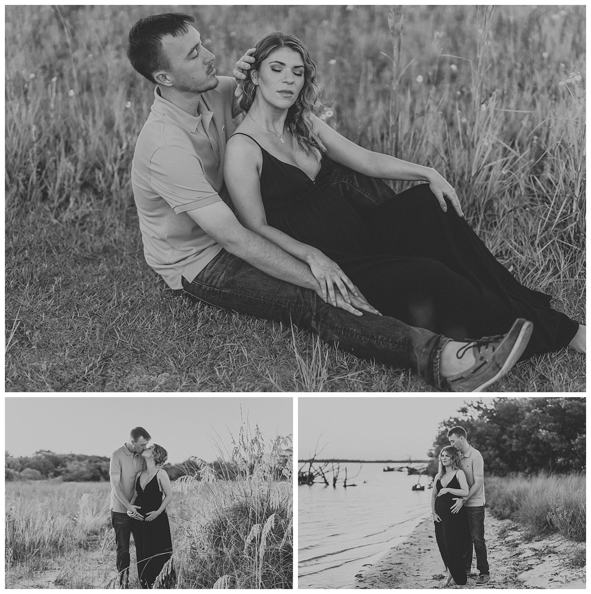 parents to be embrace on the beach during black and white Southwest Florida maternity photos