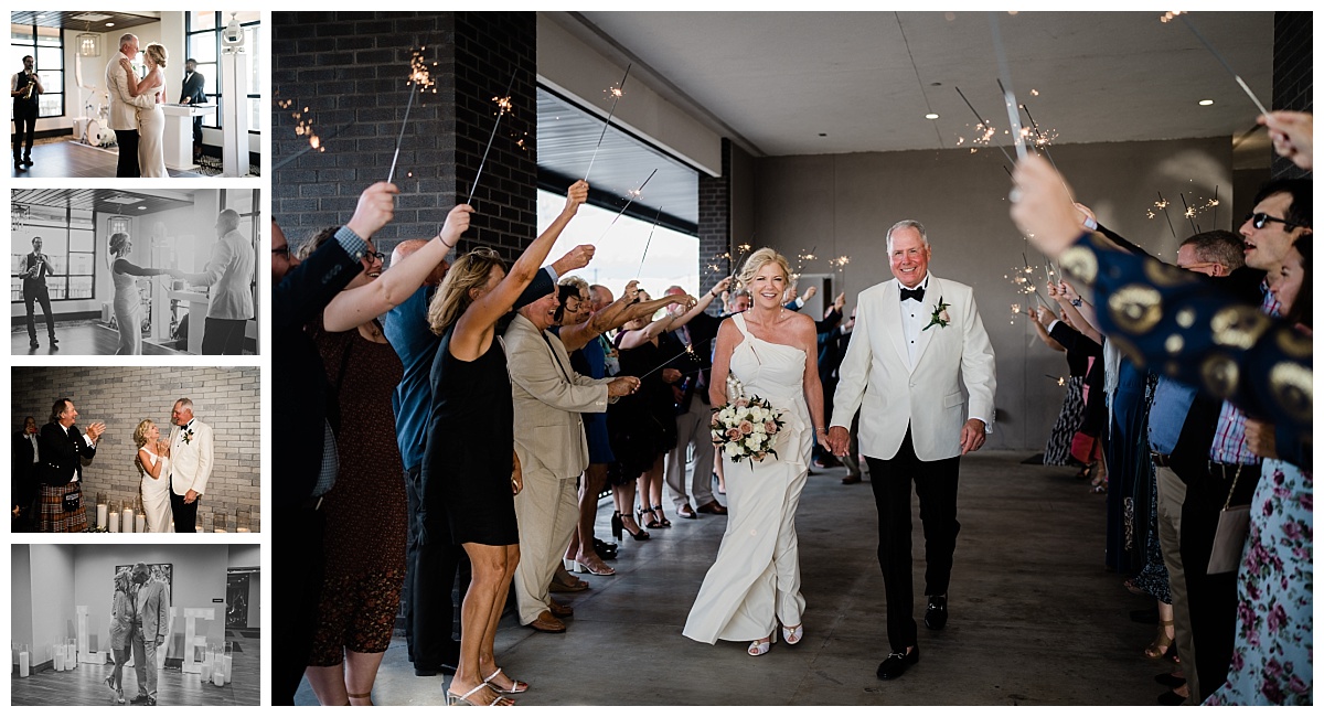 Fort Myers wedding. Bride and groom smile as guests hold sparklers for their grand entrance