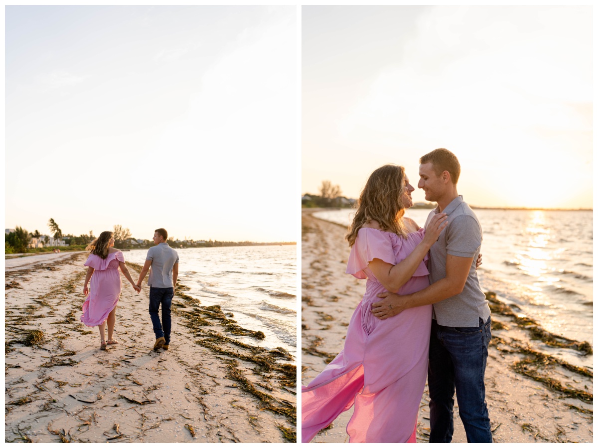 couple walks along beach at sunset for Sanibel Beach engagement photos
