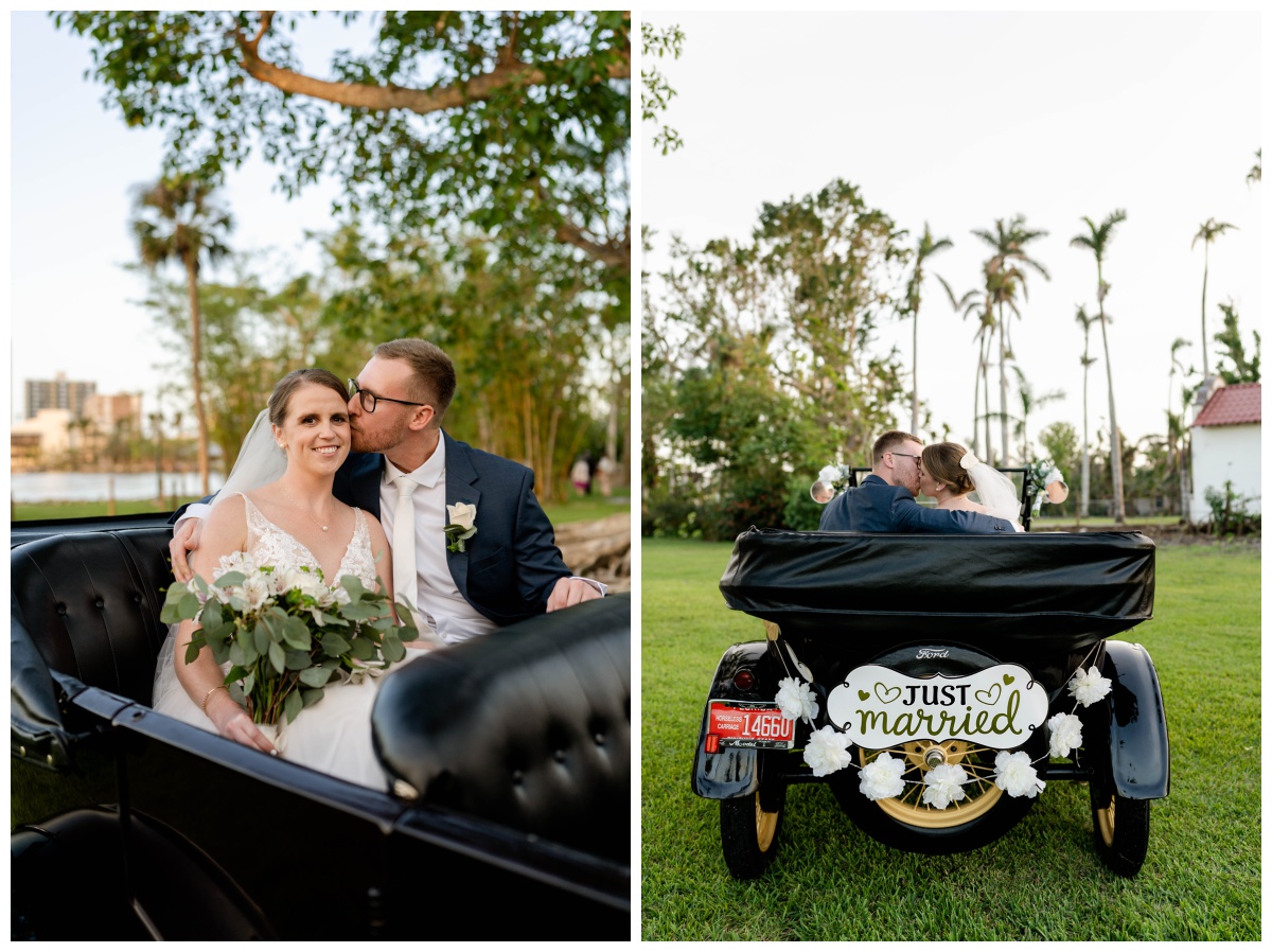 Bride and groom kiss during Southwest Florida wedding on a vintage getaway car