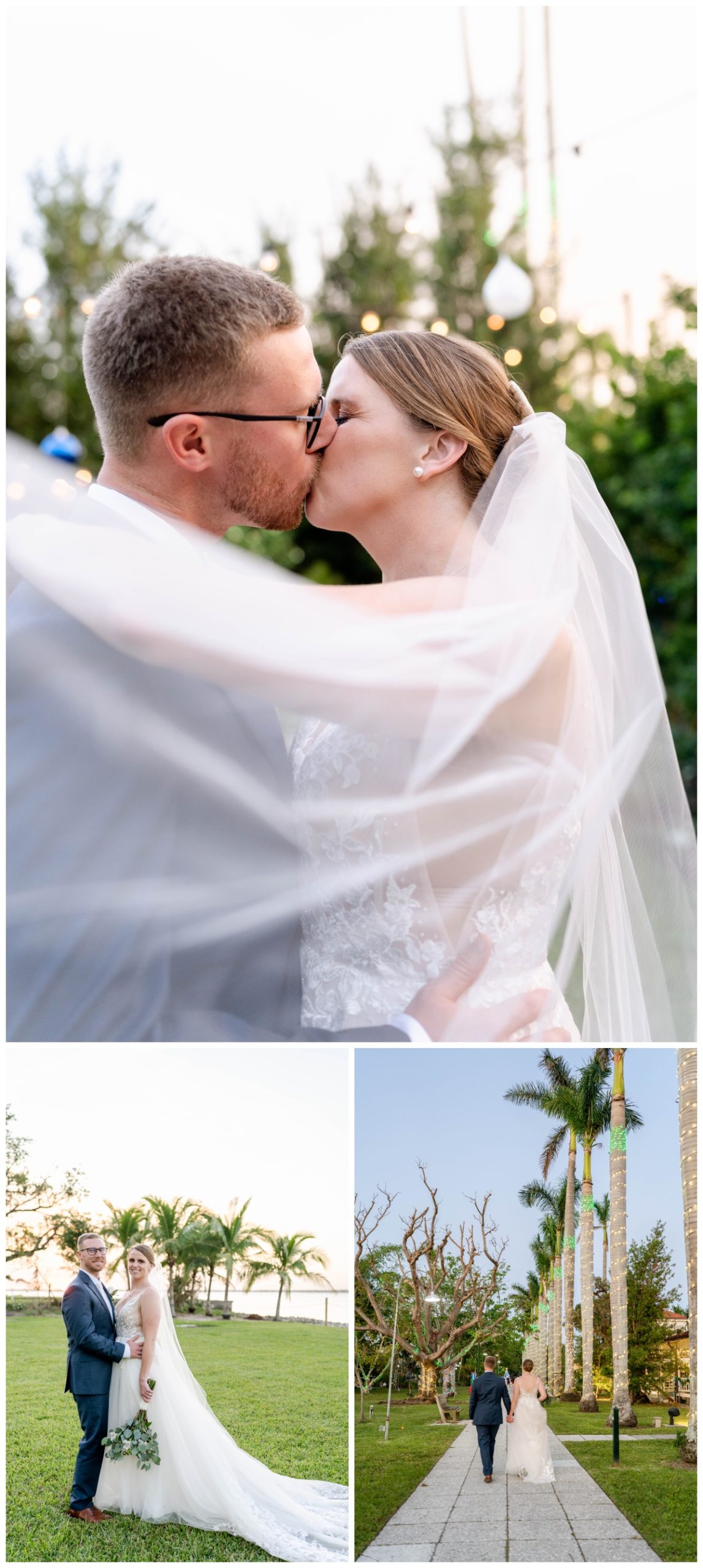 Fort Myers wedding photographer photographs bride and groom kissing underneath bridal veil at sunset
