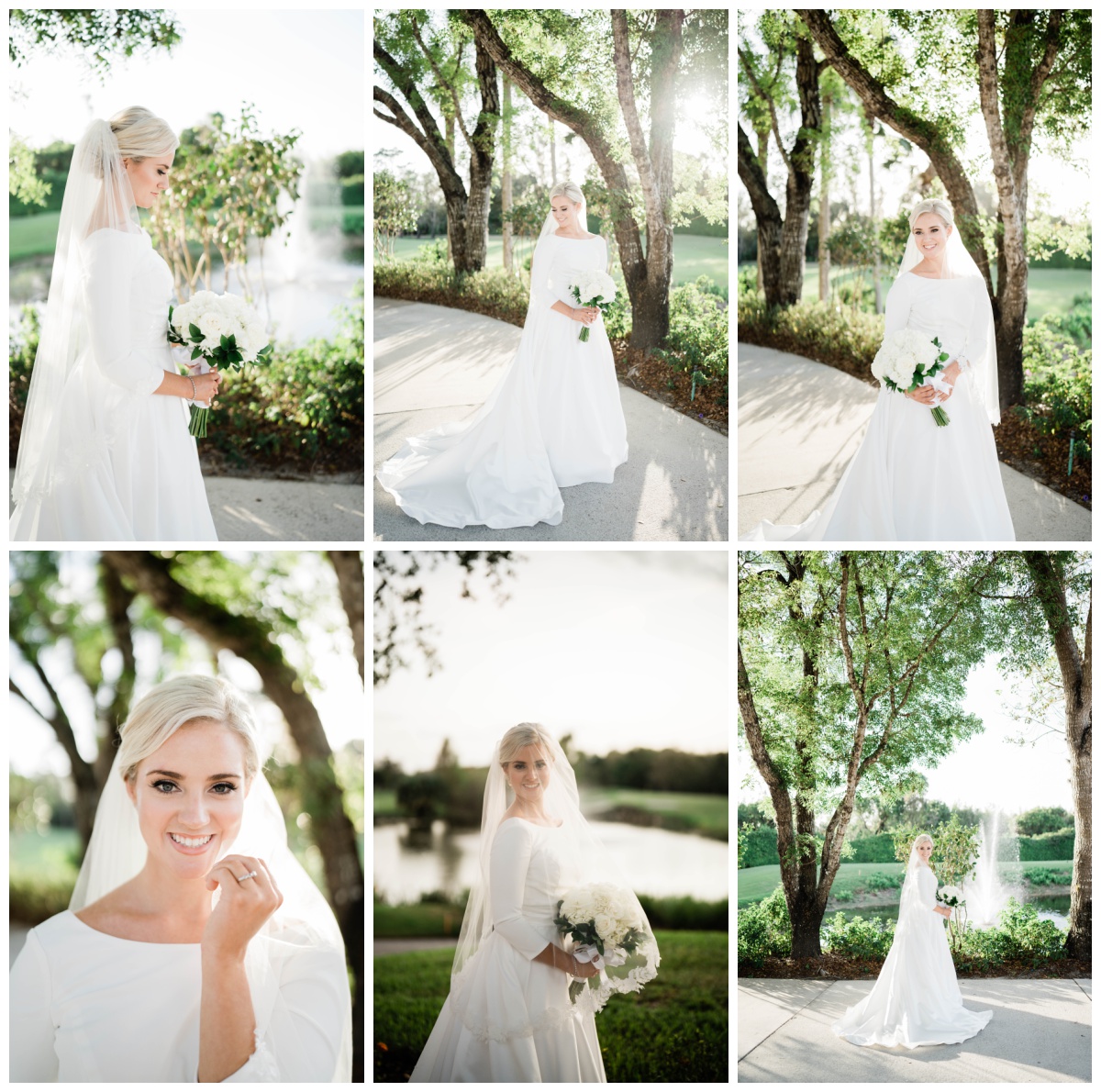 Naples bride smiles at country club wedding with quart length sleeved wedding gown, classic low bun and vintage bridal veil