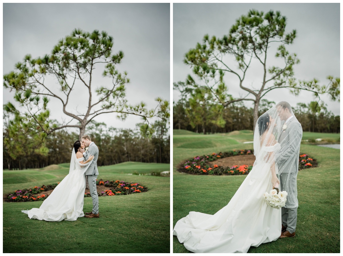 bride and groom embrace at Southwest Florida golf course wedding venue
