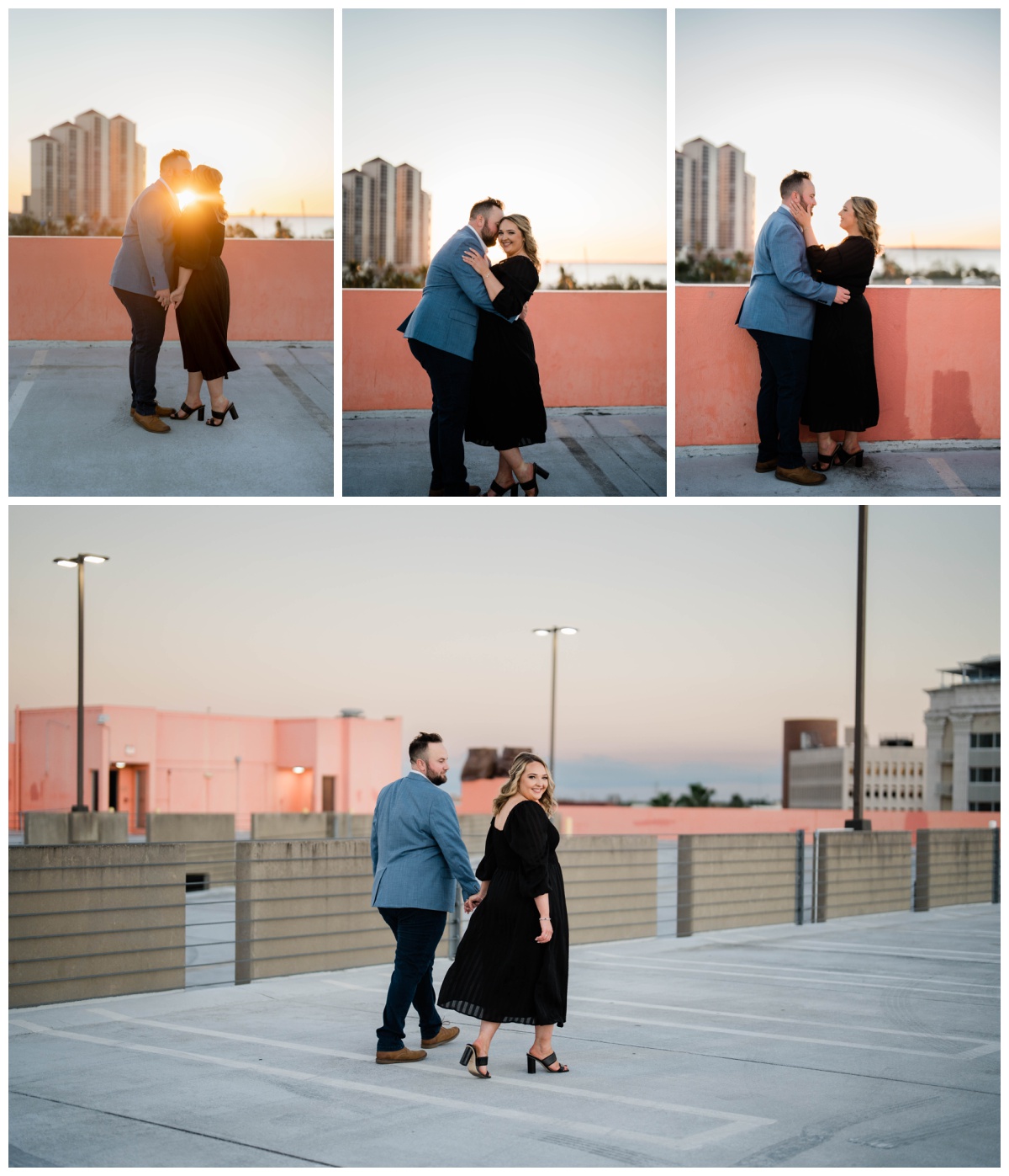 Fort Myers photographer photographs engaged couple as they embrace and smile on a rooftop at sunset 