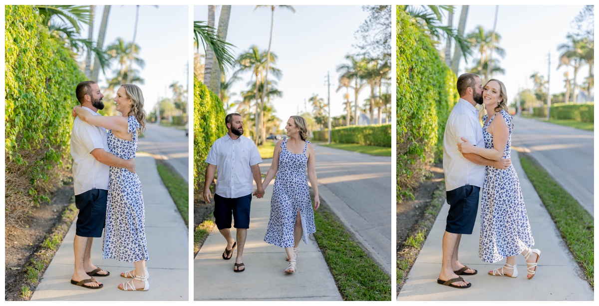 Engaged couple embraces during a sunset stroll in Southwest Florida