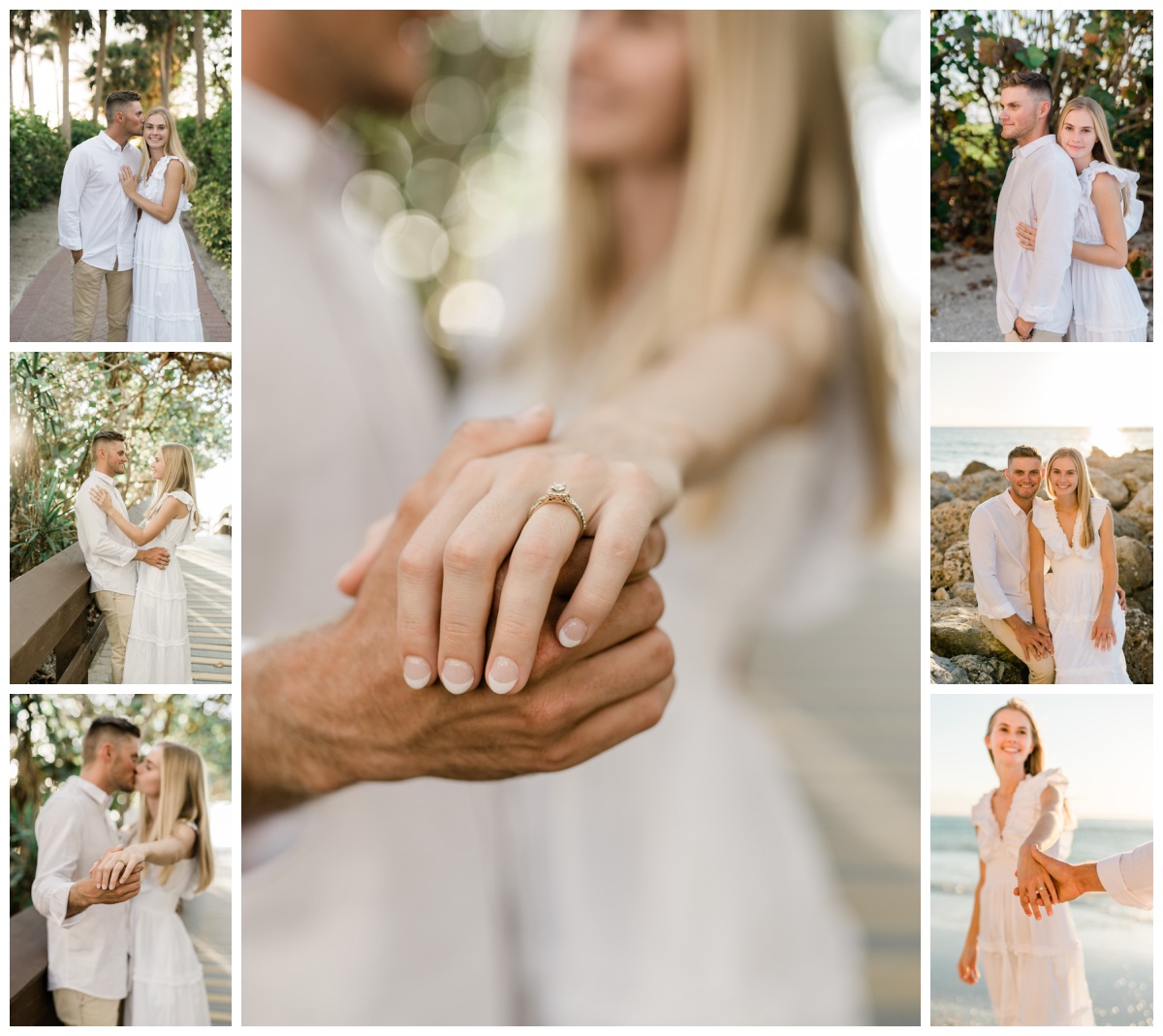 engagement photos with bride and groom in beachy neutrals photographed by marco island wedding photographer