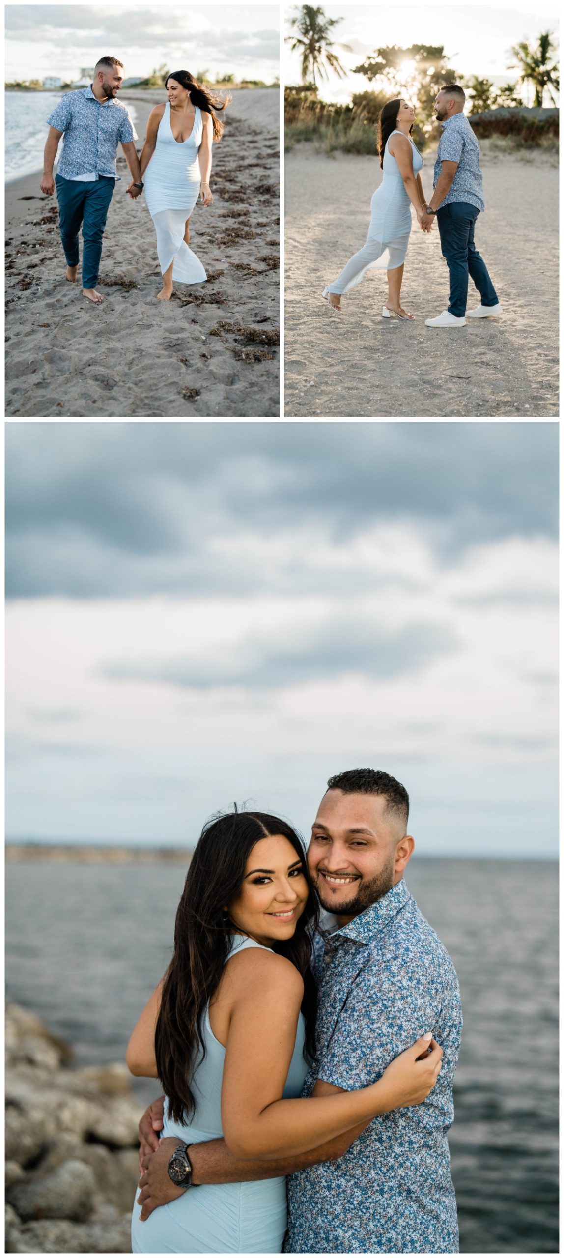 engaged couple smiles and embraces on the beach as Fort Pierce wedding photographer photographs them