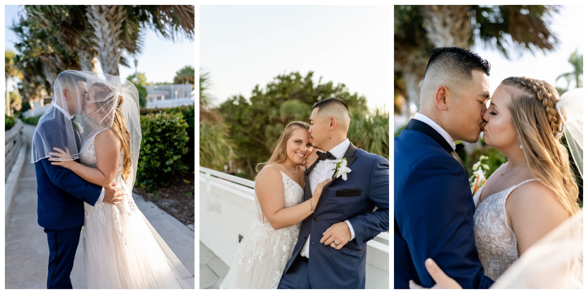 Bride and groom kiss at sunset during Jensen Beach wedding day