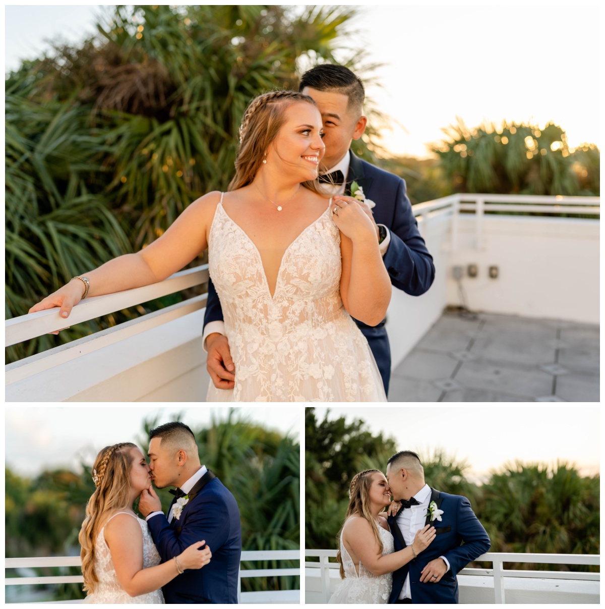 Bride and groom kiss at sunset during Jensen Beach wedding day