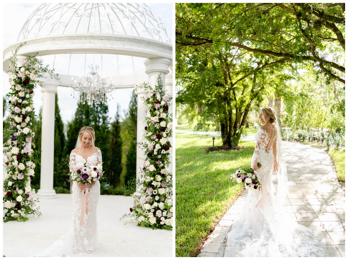 bride stands under floral gazebo on Southwest Florida wedding day