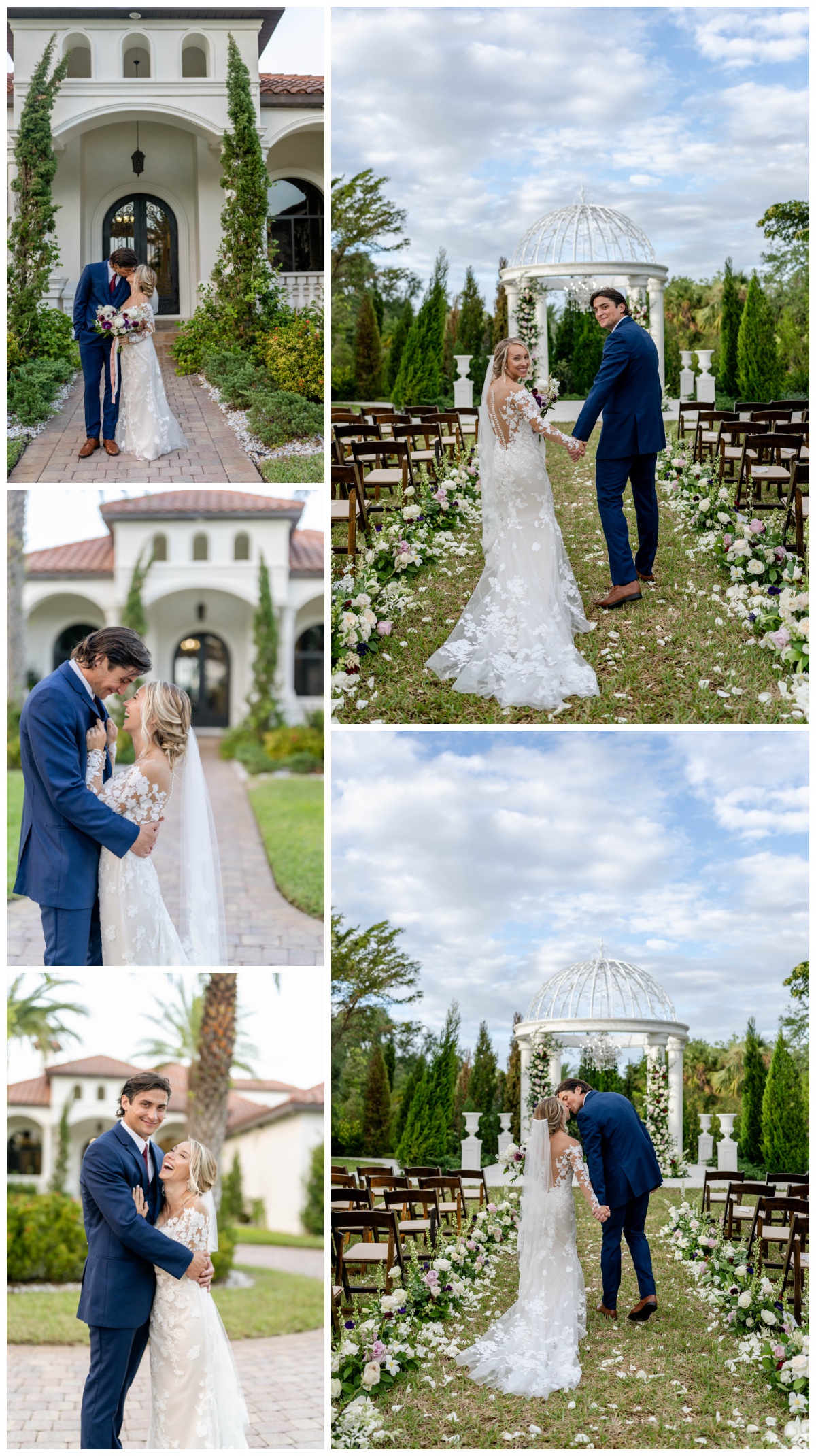 bride and groom embrace at gazebo ceremony site at Fort Myers wedding venue