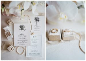 Wedding flat-lay photo showcasing the wedding invitations and the wedding rings.
