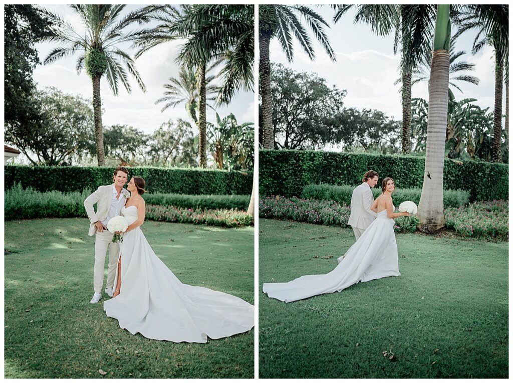 Bride and Groom pose for wedding day photos at the Strand in Naples Fl 