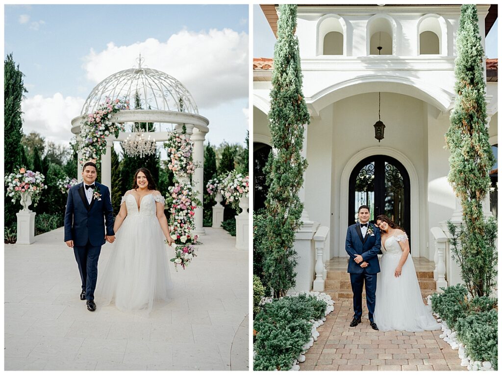 A bride and a groom posing for their wedding photography at La Casa Toscana in Fort Myers, Florida