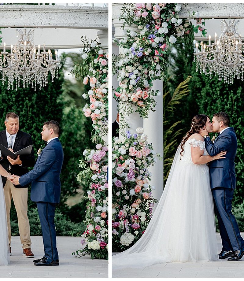 A couple share their first kiss at their wedding at La Casa Toscana in Fort Myers.