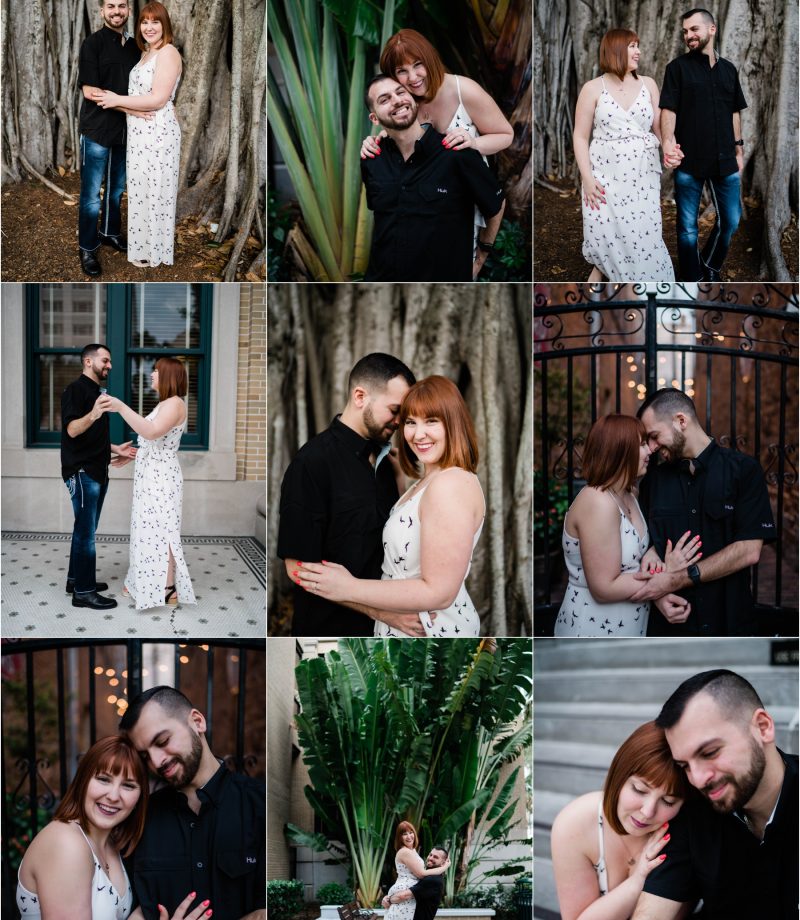 Bride and groom to be smile among Florida scenery in Downtown Fort Myers engagement session